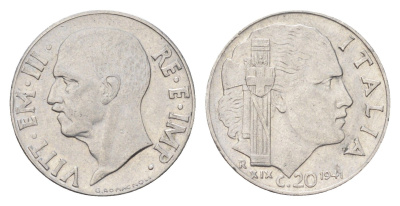 Италия 20 чентезимо 1941 R, Виктор Эммануил III (1900-1946) KM 75b нержавеющая сталь 4705-569
