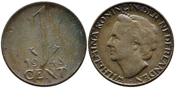 Нидерланды 1 цент 1948 Вильгельмина (1890-1948), год тип KM 175 бронза 4392-425