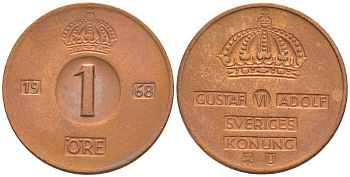 Швеция 1 эре 1968 Густав VI Адольф (1950-1973) KM 820 бронза 187-813