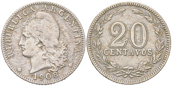Аргентина 20 сентаво 1908 редкий год KM 36 медно-никель 4044-1441