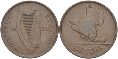 Ирландия 1 пенни 1928 курица с цыплятами KM 3 бронза 4545-1024