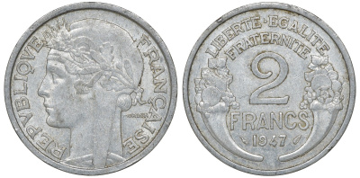 Франция 2 франка 1947 KM 886а.1, Le Franc 269.10 алюминий 4163-657