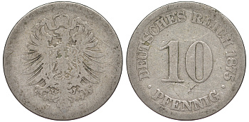 ГЕРМАНИЯ 10 ПФЕННИГОВ 1875 J, СТАРОГЕРБОВКА, KM 4, J. 4 медно-никель 45-1223