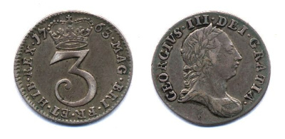 Великобритания 3 пенса 1763 Георг III (1760-1820) KM 591, Spink 3753 серебро 413-3924