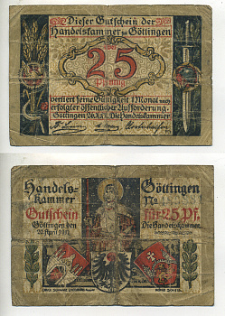 ГЁТТИНГЕН 25 ПФЕННИГОВ 1917/ 1919 НОТГЕЛЬД, ЗЕМЛЯ НИЖНЯЯ САКСОНИЯ, 26 АПРЕЛЯ 1917 (1919) ГЕРБЫ Grabowski G 25.3 бумага 7221-65-3