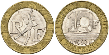 Франция 10 франков 1990 тип Гений Бастилии KM 964.1, Le Frank 375.5 биметалл 4573-1022