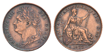 Великобритания 1 фартинг 1822 Георг IV (1820-1830) KM 677, Spink 3822 медь 3711-542