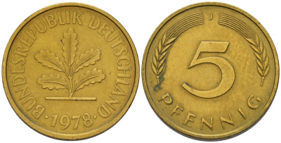 ФРГ 5 ПФЕННИГОВ 1978 J KM 107, J.382 сталь плакированная латунью 66-445