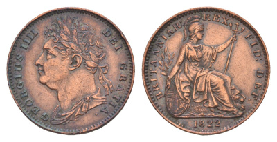 Великобритания 1 фартинг 1822 Георг IV (1820-1830) KM 677, Spink 3822 медь 3711-542