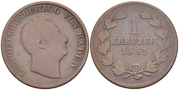 Баден 1 крейцер 1852 Леопольд I (1830-1852) КМ 218.2 медь 117-823