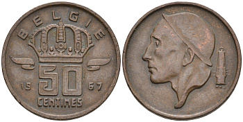 Бельгия 50 сантимов 1967 Belgie, Бодуэн I (1951-1993) KM 149.1 бронза 4564-156