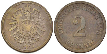 ГЕРМАНИЯ 2 ПФЕННИГА 1875 J, СТАРОГЕРБОВКА KM 2, J. 2, Weege 3 медь 212-542
