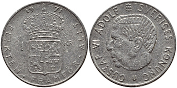 Швеция 1 крона 1971 Густав VI Адольф (1950-1973) KM 826a медь плакированная медно-никелем 4388-1136