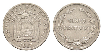 Эквадор 5 сентаво 1918 KM 60.2 медно-никель 4640-1064