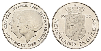 Нидерланды 2 1/2 гульдена 1980 коронация Беатрикс, 30 апреля 1980 KM 201 никель 4683-841