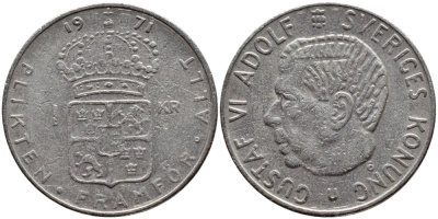 Швеция 1 крона 1971 Густав VI Адольф (1950-1973) KM 826a медь плакированная медно-никелем 4388-1136