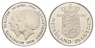 Нидерланды 2 1/2 гульдена 1980 коронация Беатрикс, 30 апреля 1980 KM 201 никель 4683-841
