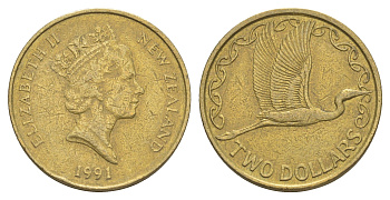 Новая Зеландия 2 доллара 1991 Елизавета II (1952-2022), большая белая цапля KM 79 алюминиевая бронза 4652-255
