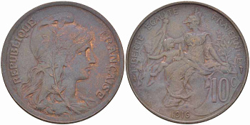 ФРАНЦИЯ 10 САНТИМОВ 1916 ТИП ДАНИЭЛЬ ДЮПЮИ KM 843, LA FRANC 136.27 бронза 109-423