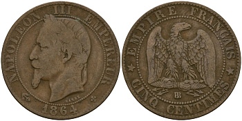 Франция 5 сантимов 1864 BB - Страсбург, Наполеон III (1852 - 1870) KM 797 бронза 51-1152