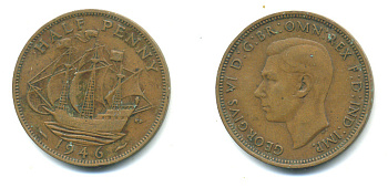 Великобритания 1/2 пенни 1946 Георг VI (1936-1952) KM 844, Spink 4115 бронза 4383-1027