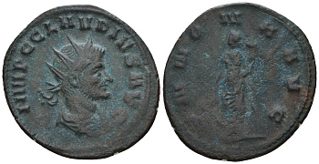 Римская Империя антониниан 268 - 269 Клавдий II Готский, IMP C CLAVDIVS AVG, бюст императора / ANNONA AVG, Аннона, персонификация Хлебного Урожая, Рим RIC 18 биллон 1073-25-23