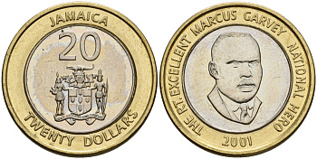 Ямайка 20 долларов 2001 KM 182 биметалл UNC 4118-541