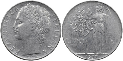 Италия 100 лир 1957 R, Афина в доспехах KM 96.1 нержавеющая сталь 4165-141