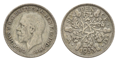 Великобритания 6 пенсов 1933 Георг V (1910-1936) KM 832, Spink 4040 серебро 4644-941