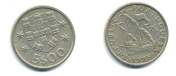 ПОРТУГАЛИЯ 5 ЭСКУДО 1975 ПАРУСНИК KM 591 медно-никель 176-231