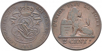 БЕЛЬГИЯ 2 САНТИМА 1862 BELGES KM 4.2 медь 110-537