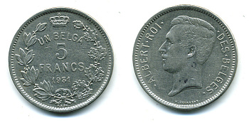 БЕЛЬГИЯ 5 ФРАНКОВ 1931 BELGES KM 97.1 никель 86-912