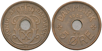 Дания 5 эре 1934 Кристиан X (1912-1947) KM 828 бронза 4589-957