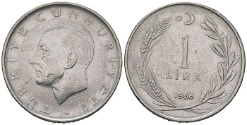 Турция 1 лира 1966 Мустафа Кемаль Ататюрк KM 889a.1 нержавеющая сталь 4620-457