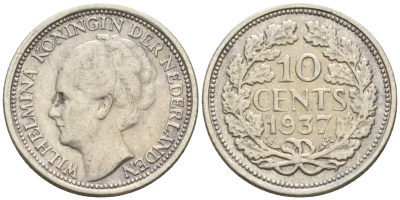Нидерланды 10 центов 1937 Вильгельмина I (1890-1948) КМ 163 серебро    4160-1239