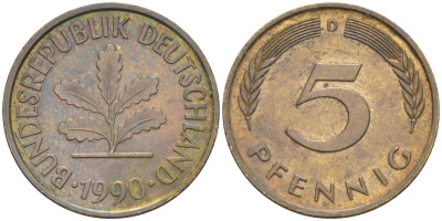 ФРГ 5 пфеннигов 1990 D KM 107, J. 382 сталь плакированная латунью 4514-1142