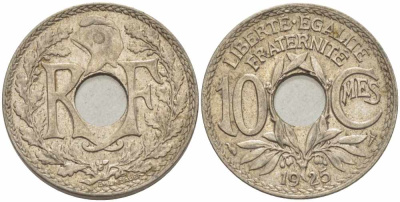 ФРАНЦИЯ 10 САНТИМОВ 1925 ТИП ЛИНДАЙЁ KM 866а, LE FRANC 138.12 медно-никель 108-152