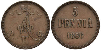 Россия для Финляндии 5 пенни 1866 Александр II Биткин 658, KM 4.1 медь 1531-114