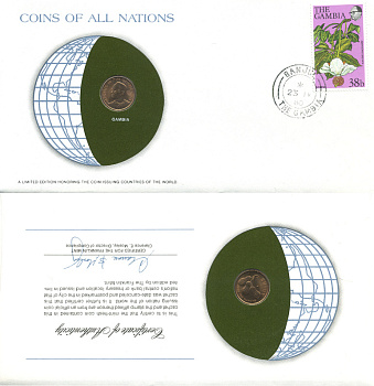 ГАМБИЯ 1 БУТУТ 1974 FAO, КОНВЕРТ С МАРКОЙ ПЕРВОГО ДНЯ ГАШЕНИЯ, COINS OF NATIONS KM 14 бронза UNC 4294-73-3
