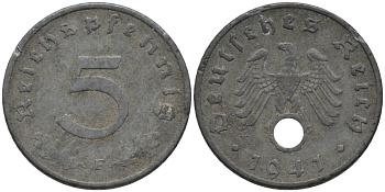 Германия 5 рейхспфеннигов 1941 F, монетный двор Штутгарт KM 100, J. 370 цинк 186-745