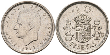 Испания 10 песет 1992 Хуан Карлос I KM 903 медно-никель 192-434