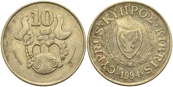 Кипр 10 центов 1994 KM 56.3 никель латунь 4141-1215
