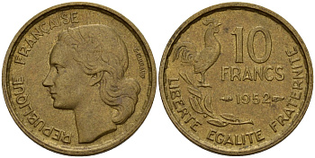 Франция 10 франков 1952 B, петух KM 915.2, Le Franc 363.5 алюминиевая бронза 4159-923