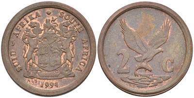 ЮАР 2 цента 1994 орел с рыбой KM 133 сталь плакированная медью 4594-135