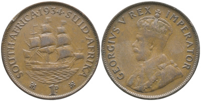 ЮАР 1 ПЕННИ 1934 ПАРУСНИК, ГЕОРГ V KM 14.3 бронза 4380-612