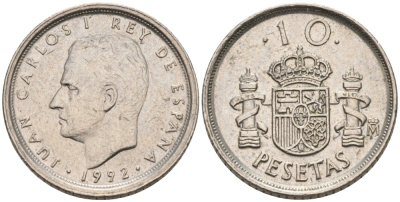 Испания 10 песет 1992 Хуан Карлос I KM 903 медно-никель 192-434