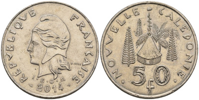 Французская Новая Каледония 50 франков 2014 хижина среди сосен и пальм, (IEOM) KM 13a, Schoen 15a, Lec 128i медно-никель 4111-1132