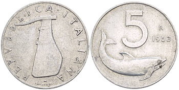Италия 5 лир 1953 R, дельфин, плуг KM 92 алюминий 4551-113