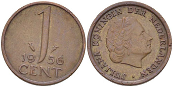 НИДЕРЛАНДЫ 1 ЦЕНТ 1956 КОРОЛЕВА ЮЛИАНА KM 180 бронза 3955-117