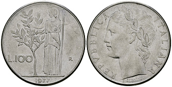 Италия 100 лир 1977 R, Афина у оливкого дерева KM 96.1 нержавеющая сталь 4137-232